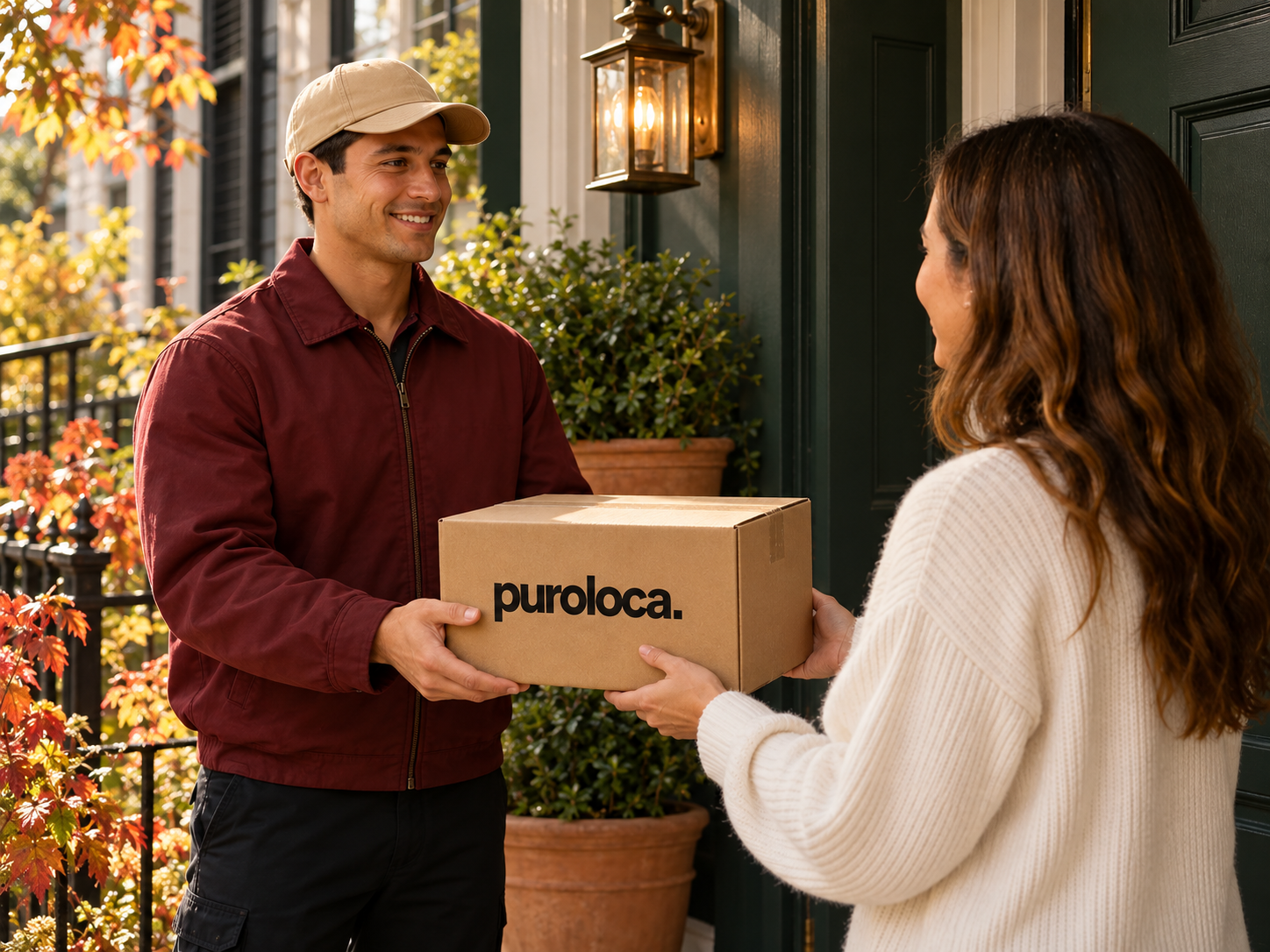 A compact Puroloca home goods delivery arriving at the door